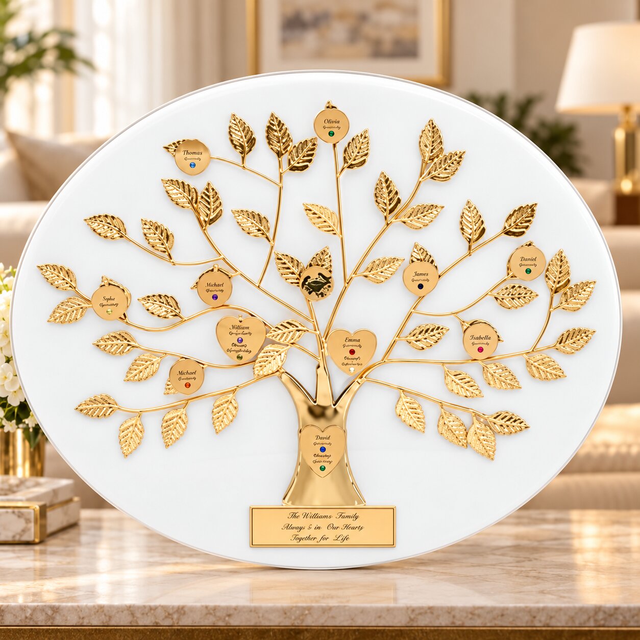 50th Anniversary Gift: Engraved Gold Family Tree on White Plaque